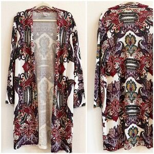 Chicos Paisley Open Front Longline Cardigan Sweater Heavyweight Size 3 XL Cotton